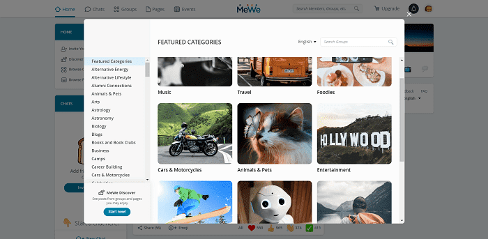 Screenshot of MeWe website featured categories page